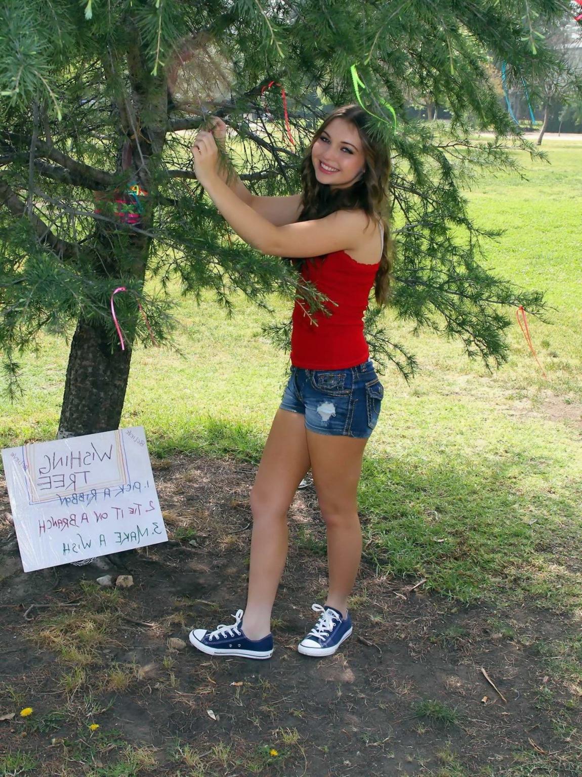 16P Sammi Hanratty leggy in tiny red top and hotpants at the park in North Hollywood