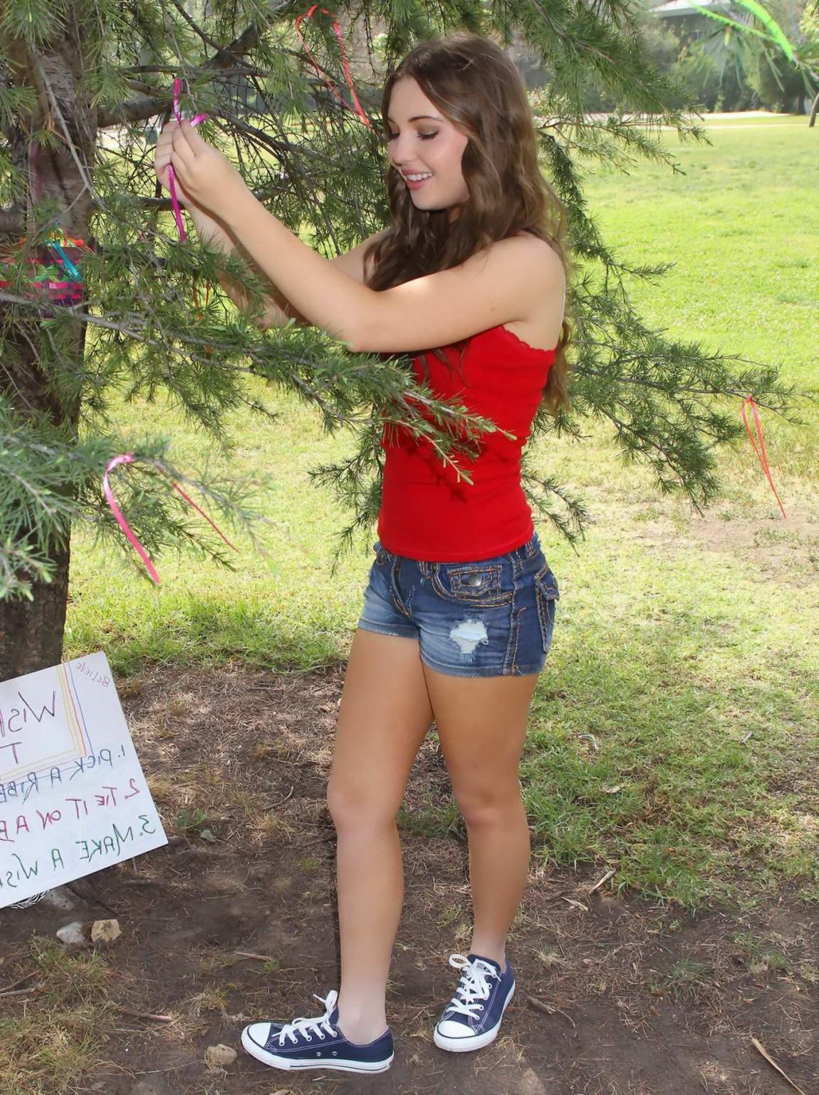16P Sammi Hanratty leggy in tiny red top and hotpants at the park in North Hollywood