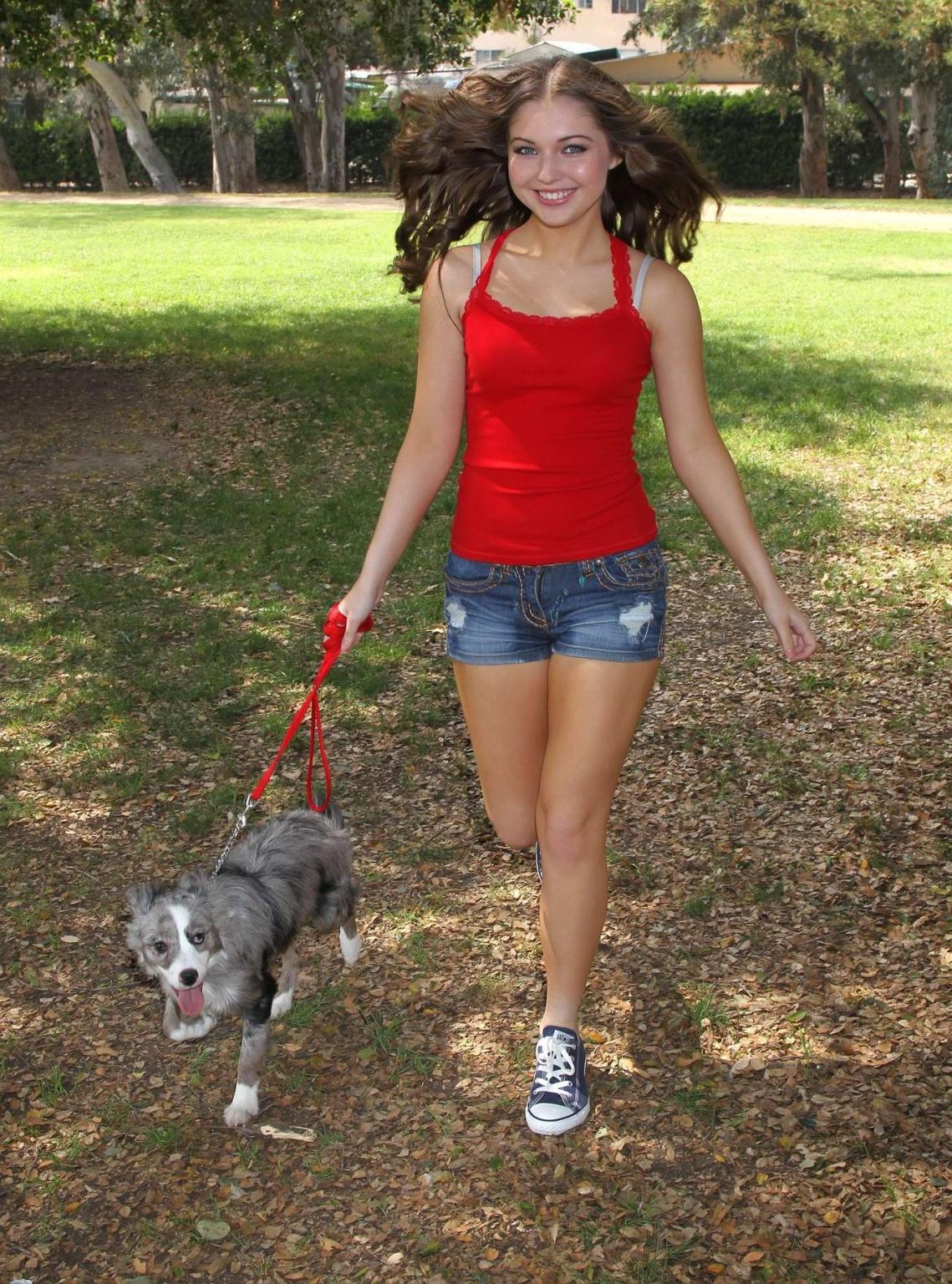 16P Sammi Hanratty leggy in tiny red top and hotpants at the park in North Hollywood