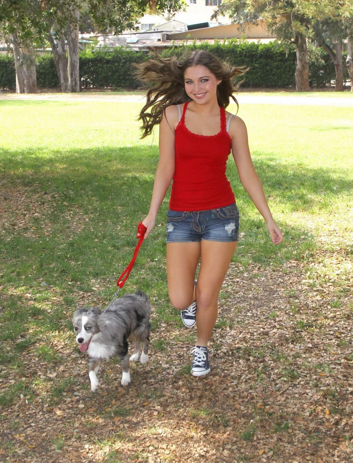 16P Sammi Hanratty leggy in tiny red top and hotpants at the park in North Hollywood