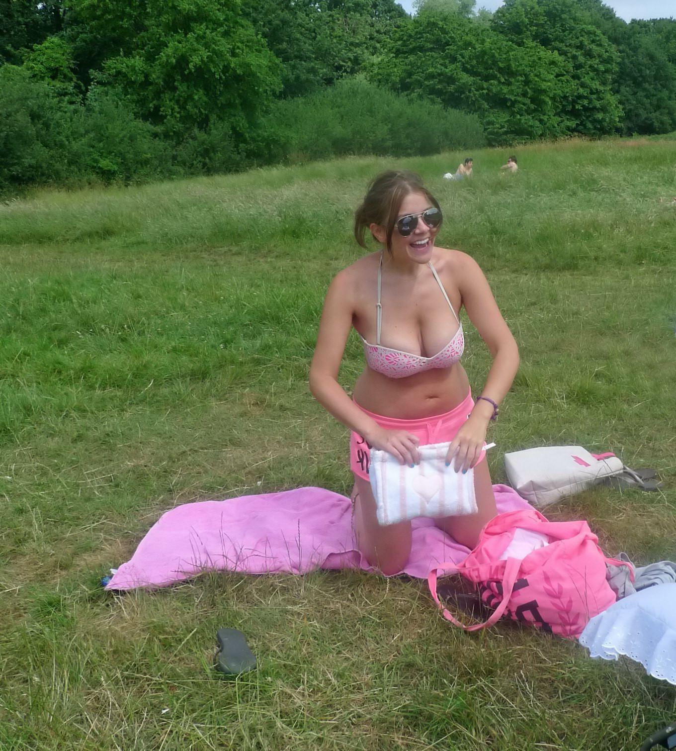16P Imogen Thomas tanning in her skimpy pink lingerie and shorts at the park in Lond