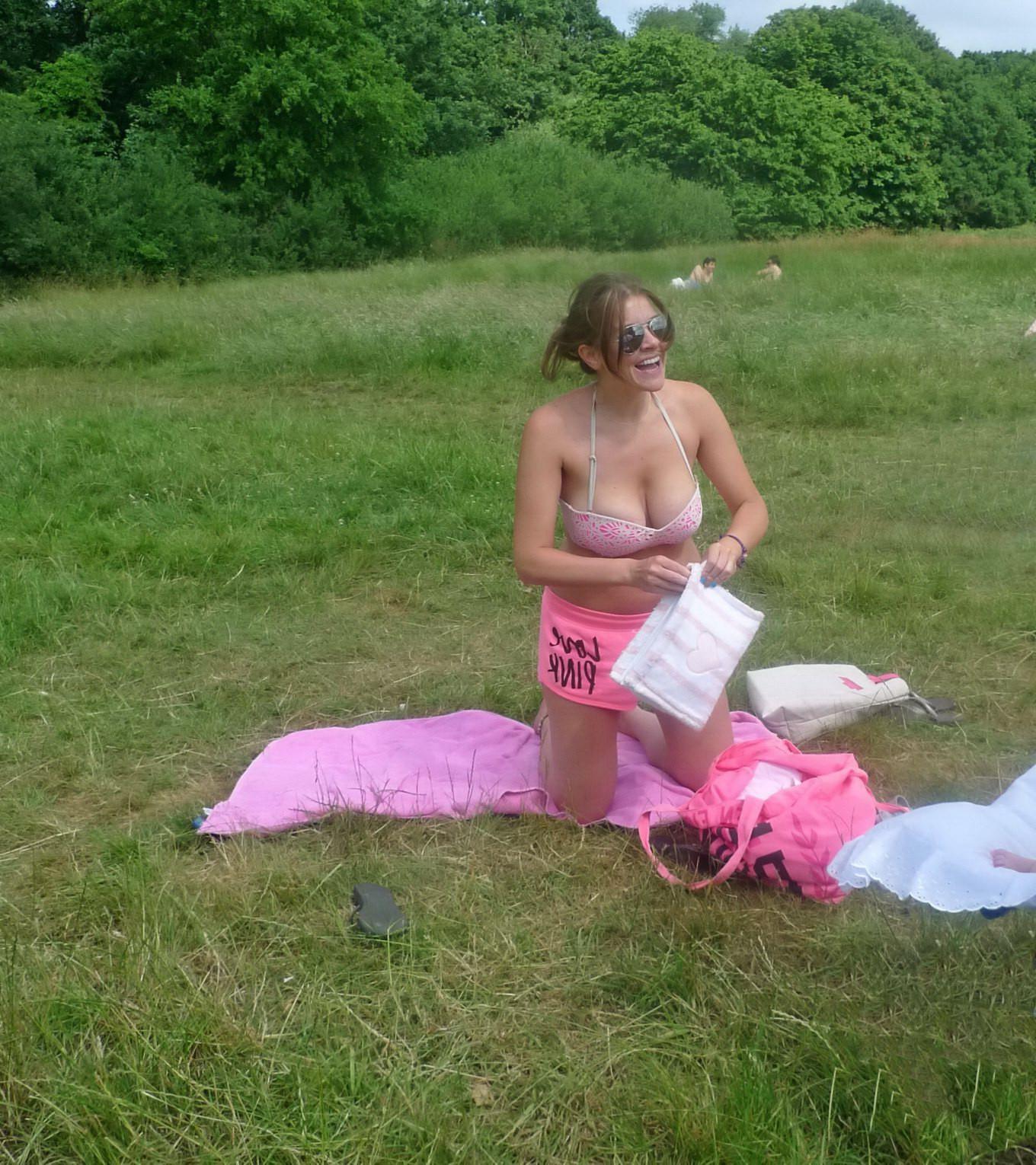 16P Imogen Thomas tanning in her skimpy pink lingerie and shorts at the park in Lond