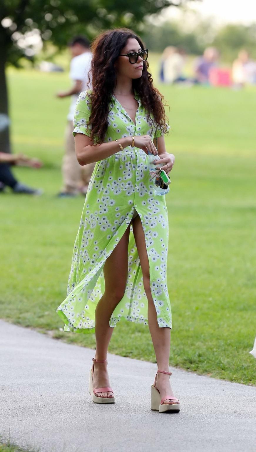 16P Eliza Doolittle upskirt wearing wide open green floral dress at the park in Lond