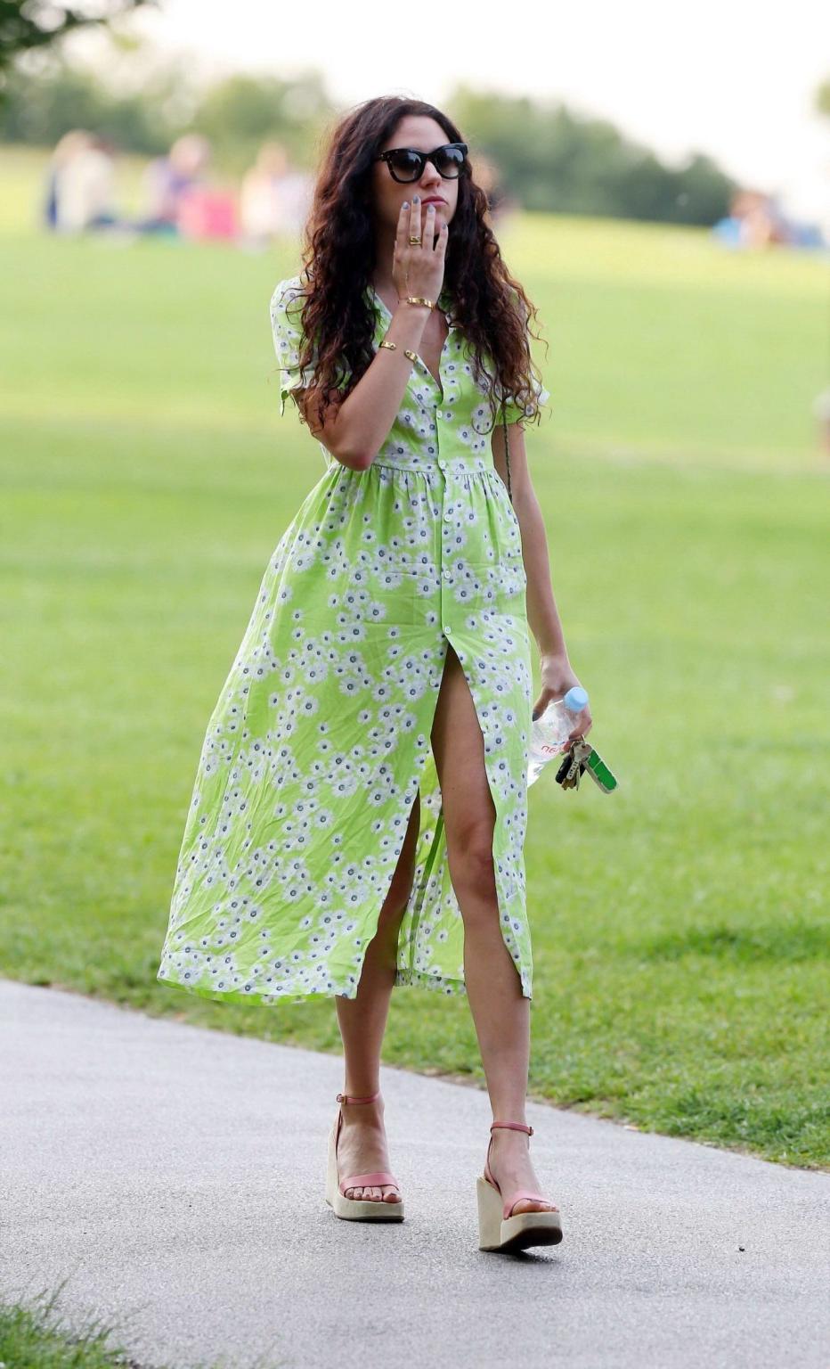 16P Eliza Doolittle upskirt wearing wide open green floral dress at the park in Lond