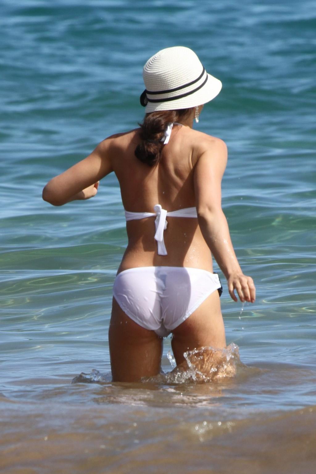 16P Karina Smirnoff shows ass  cameltoe wearing wet white bikini in Hawaii