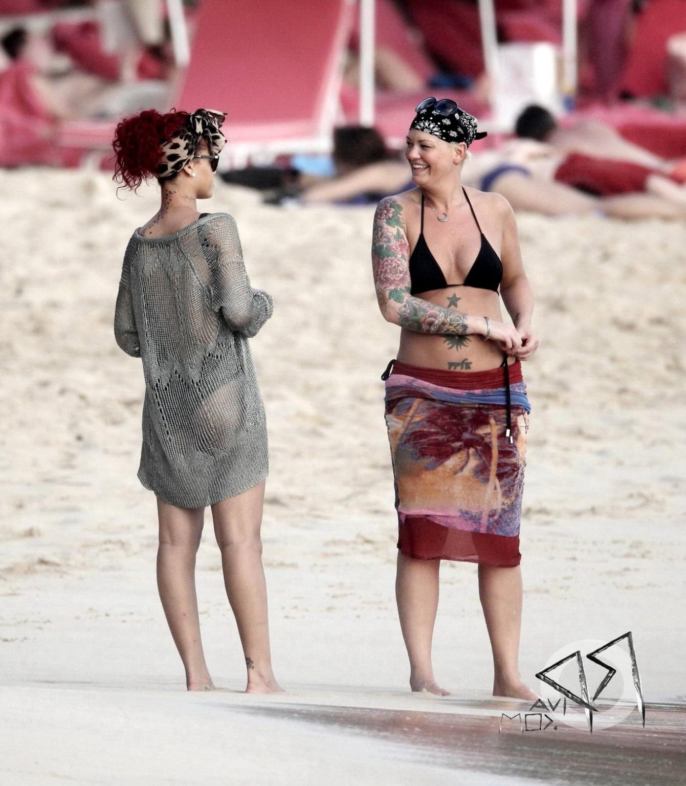 16P Rihanna braless wearing see-through top at the holiday party in Barbados