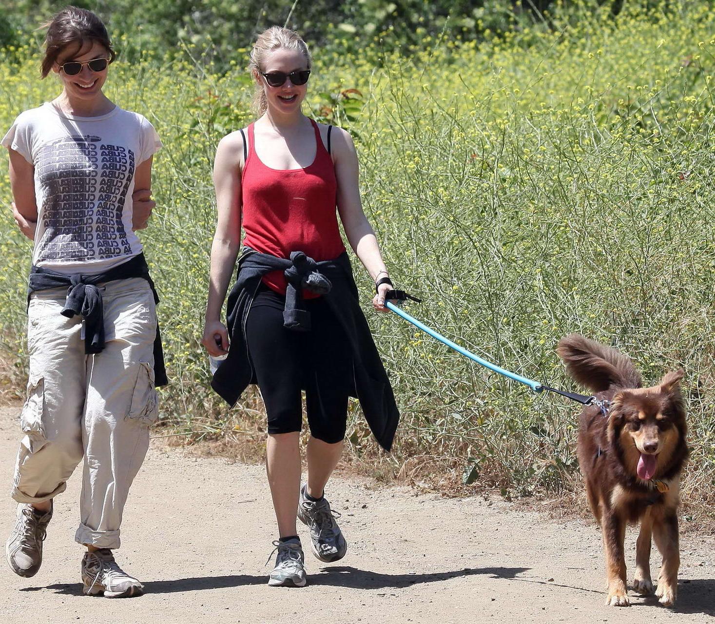 16P Amanda Seyfried in red tanktop  tights hiking in Griffith Park with her doggy an