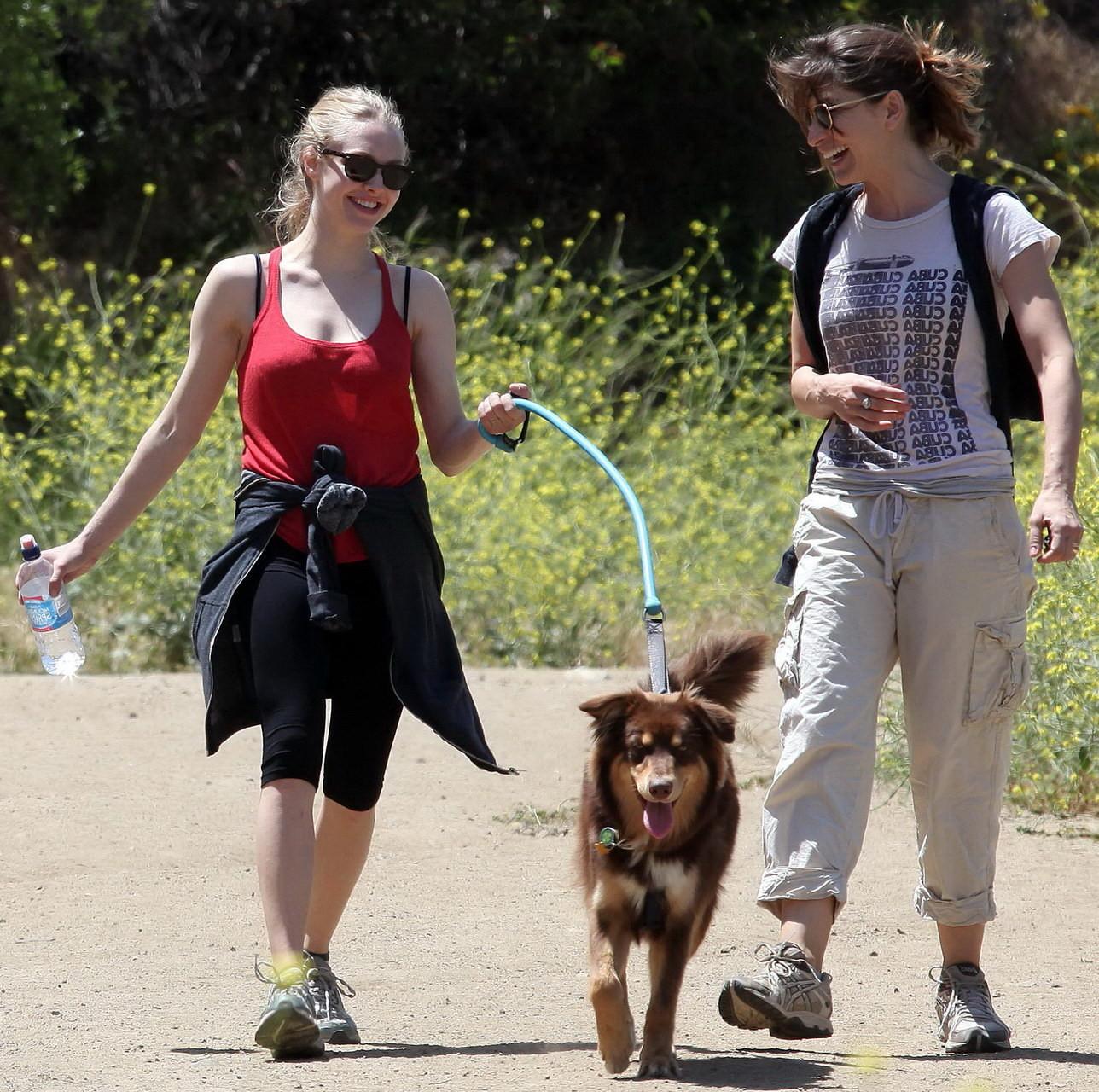 16P Amanda Seyfried in red tanktop  tights hiking in Griffith Park with her doggy an