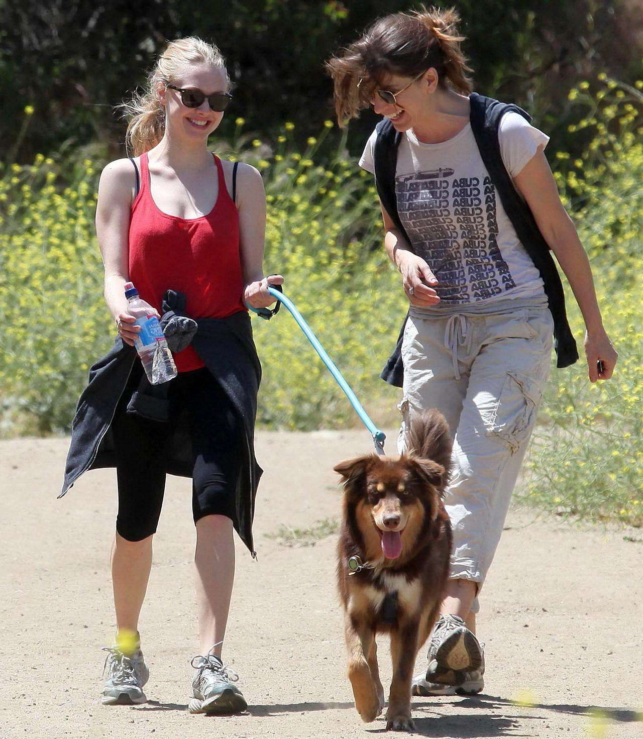 16P Amanda Seyfried in red tanktop  tights hiking in Griffith Park with her doggy an