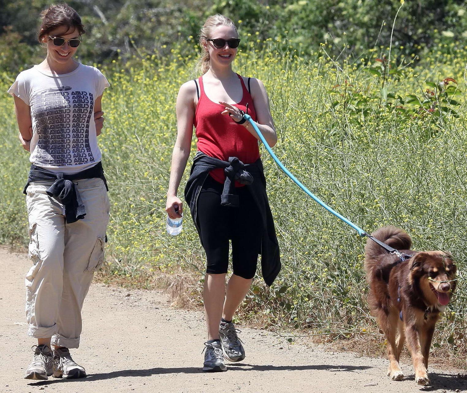 16P Amanda Seyfried in red tanktop  tights hiking in Griffith Park with her doggy an