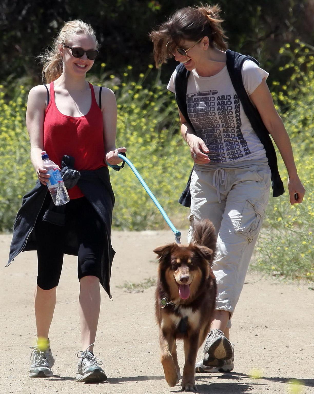 16P Amanda Seyfried in red tanktop  tights hiking in Griffith Park with her doggy an