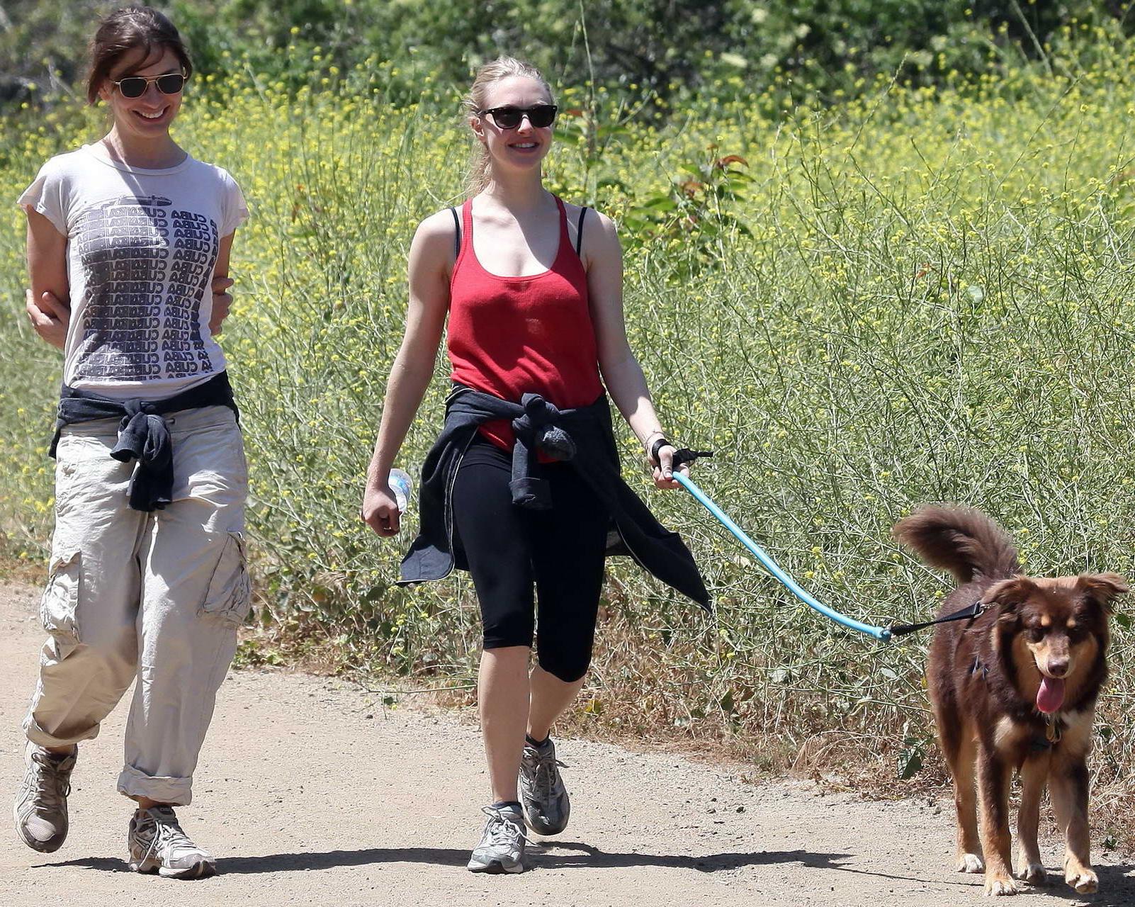 16P Amanda Seyfried in red tanktop  tights hiking in Griffith Park with her doggy an