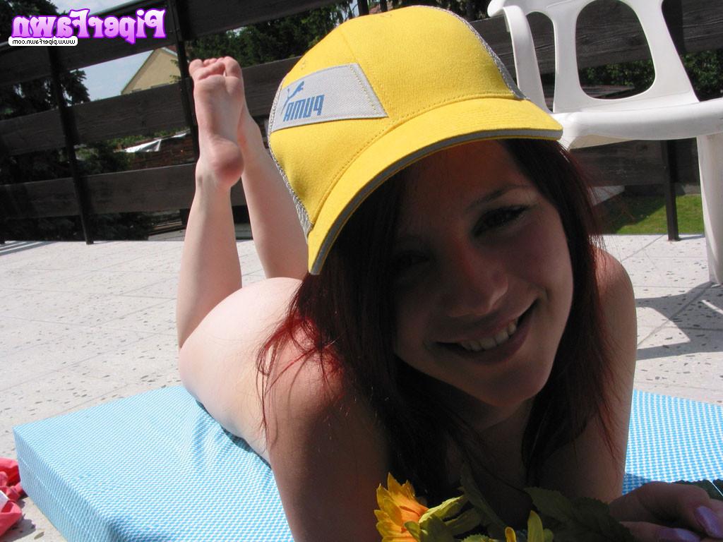 16P Busty redhead teen in hat outside