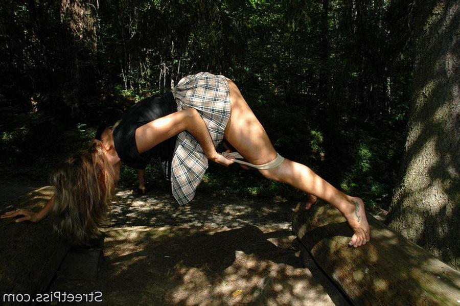 12P Shy blonde shows off pussy in woods and pees