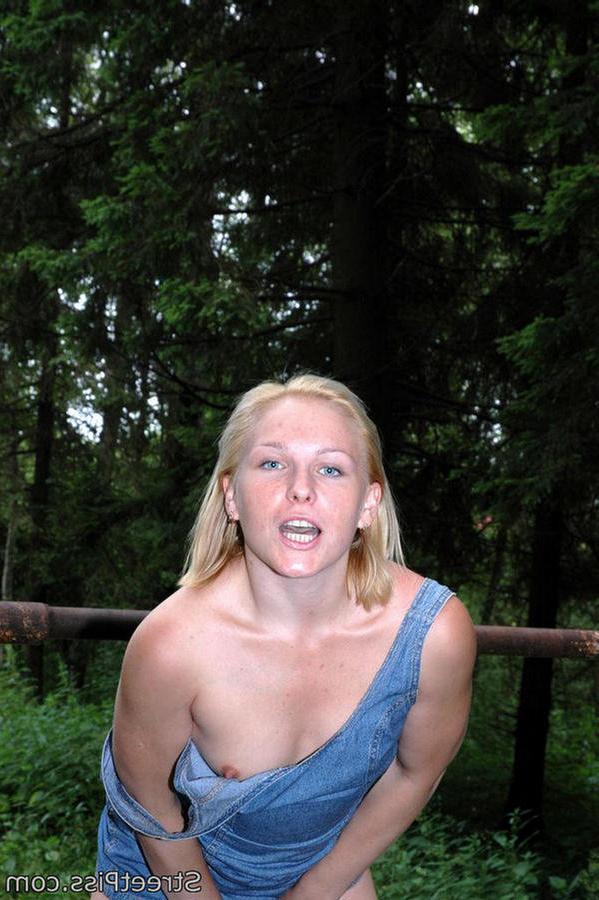 12P Leggy blonde squats to pee on a concrete block