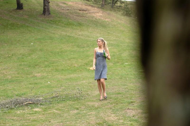 16P Hot blonde teenie drinks beer and takes a piss outdoors