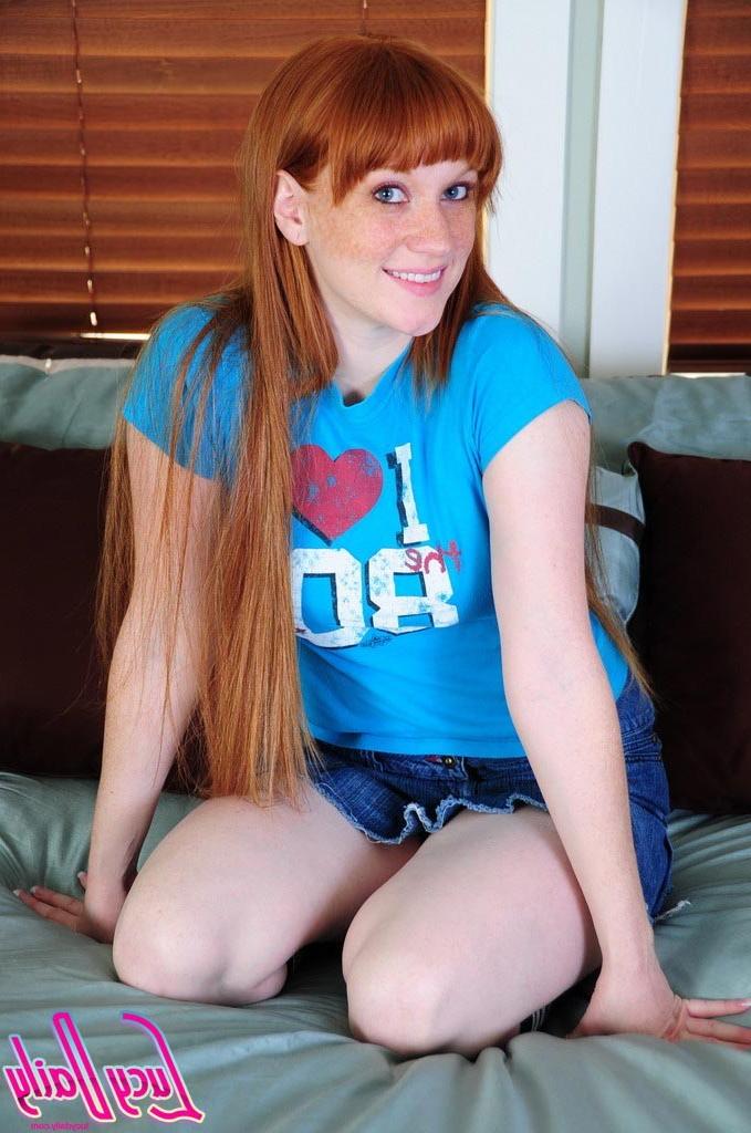 16P Pale redhead girl removes panties and socks