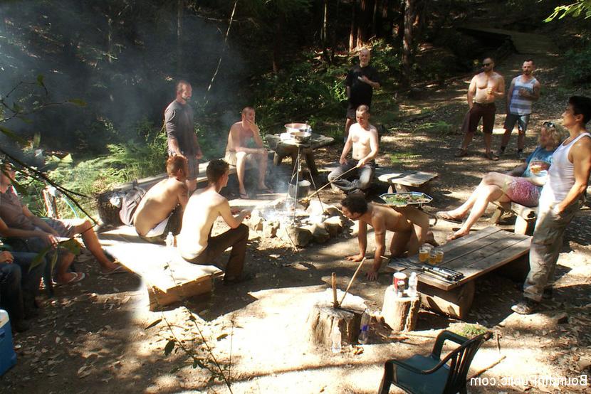 15P Campers gang bang a ripped stud tied to a tree in the woods.