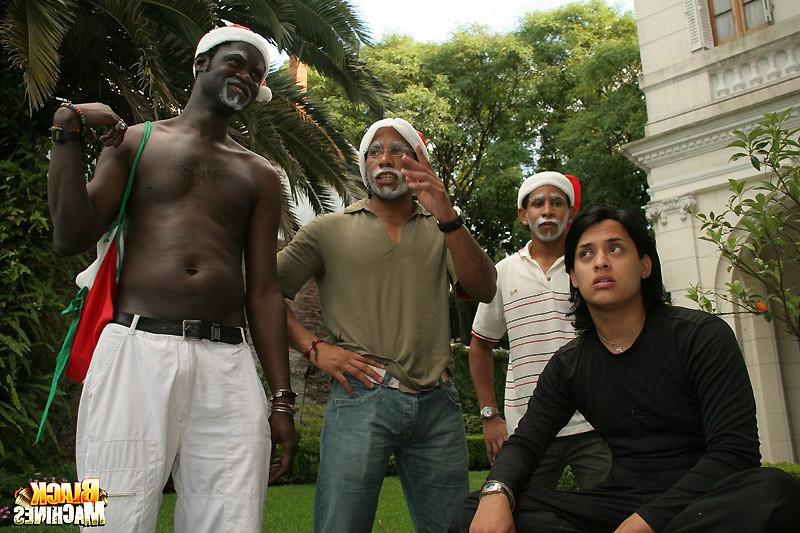 16P Three black Santas put their huge cocks to work turning Latin guys mouth and ass
