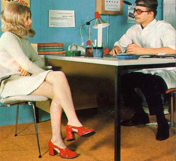 16P Seventies doctor inspecting two retro ladies