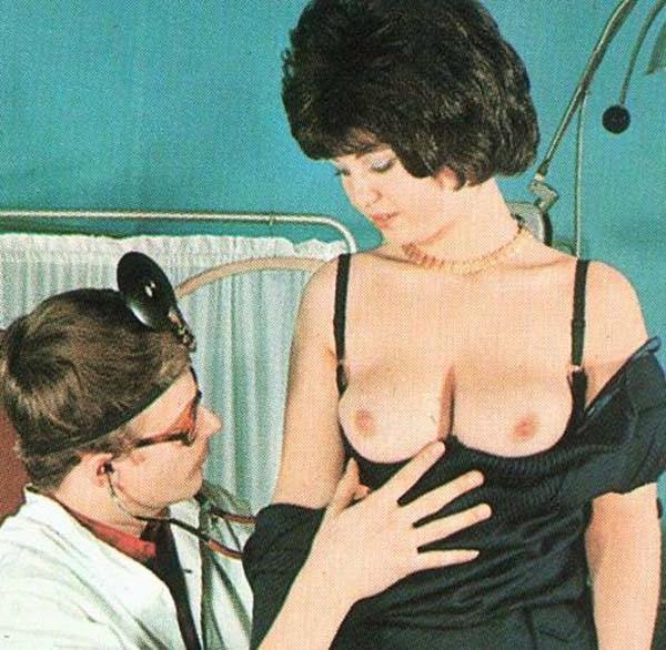 16P Seventies doctor inspecting two retro ladies
