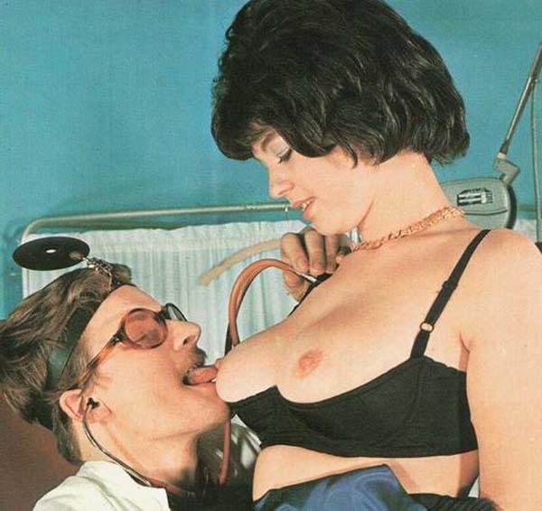 16P Seventies doctor inspecting two retro ladies