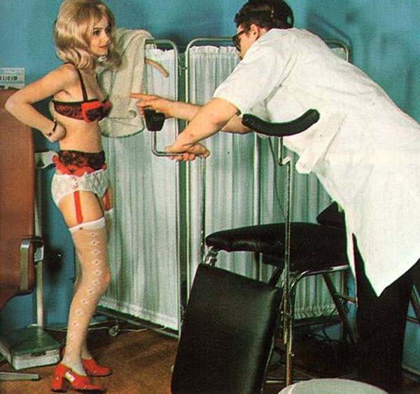 16P Seventies doctor inspecting two retro ladies