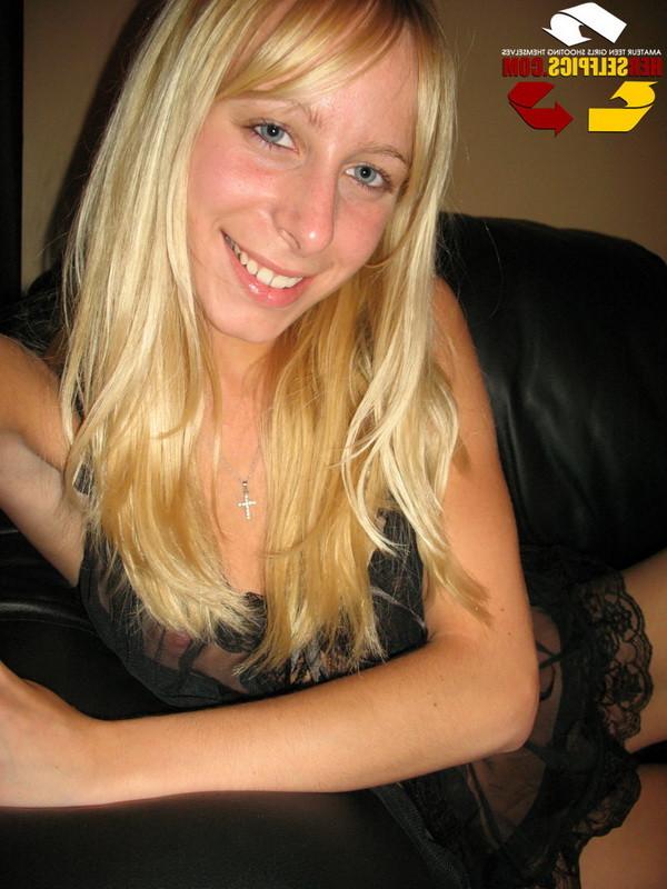 16P Sexy young blonde amateur teen in tight lingerie cameltoe pussy