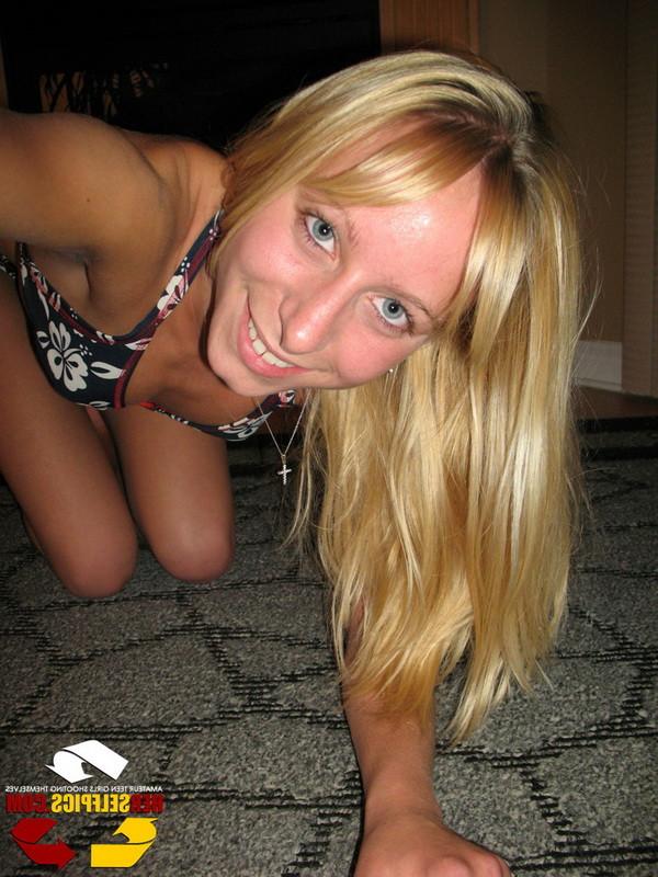 16P Sexy young blonde amateur teen in tight lingerie cameltoe pussy