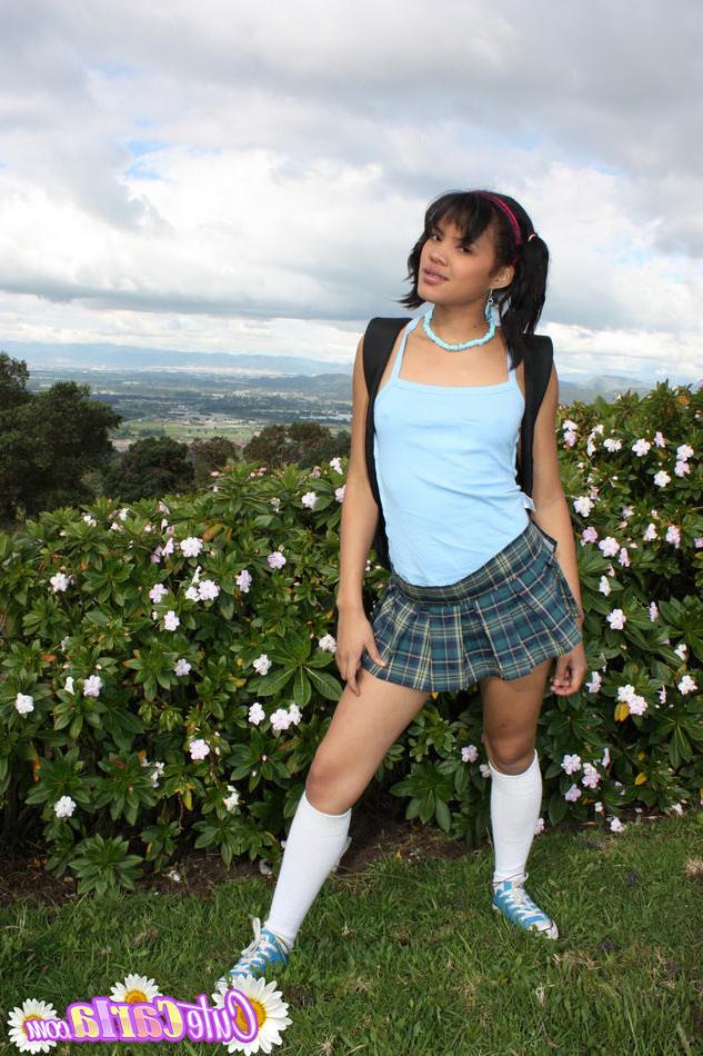 15P Tiny titted 18 year old slips off panties outdoors under the sky