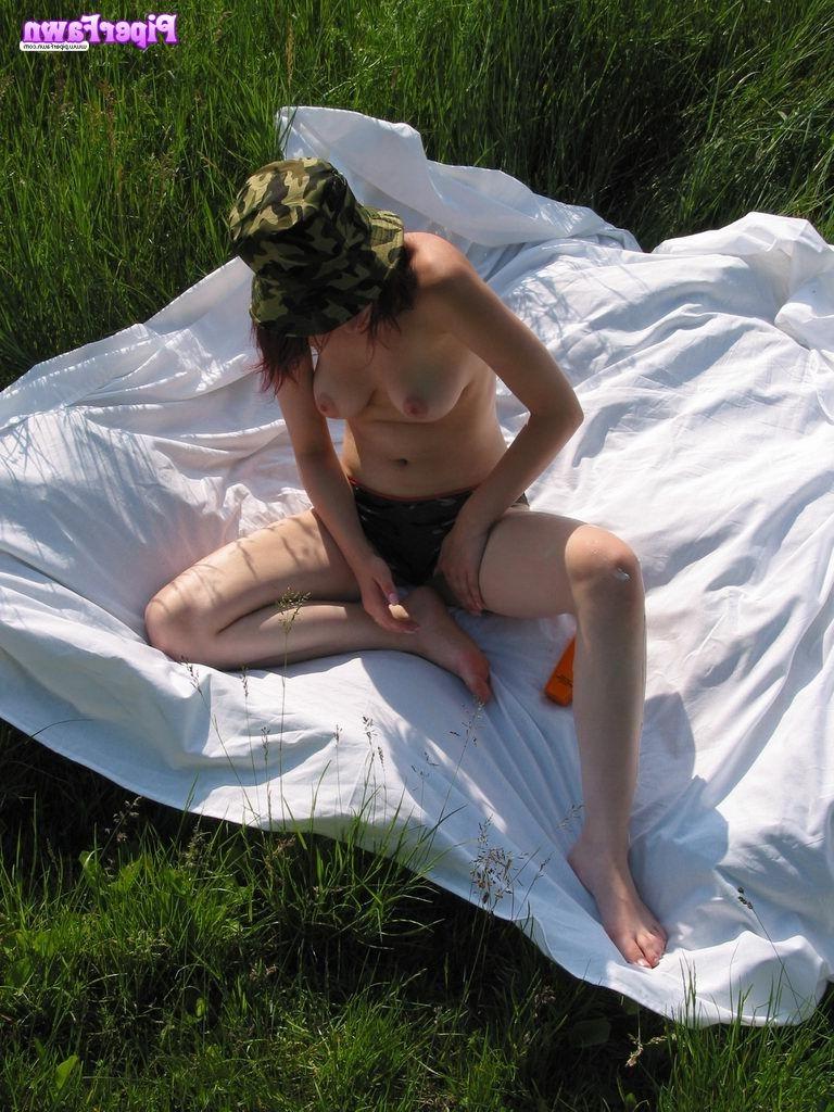 16P Busty redhead teen in field outside