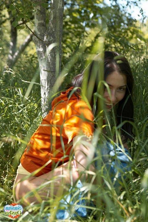 17P Young stunning brunette angel peeing in the woods outdoors