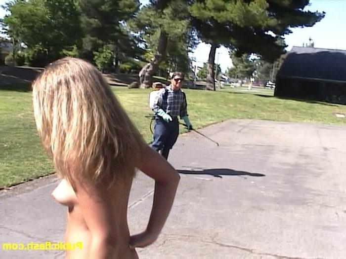 16P Very Cute Blonde Spread Naked on Park Picnic Table