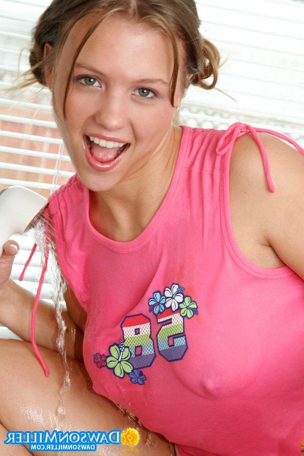 15P Busty and Cute Dawson Miller posing in wet panties in sink
