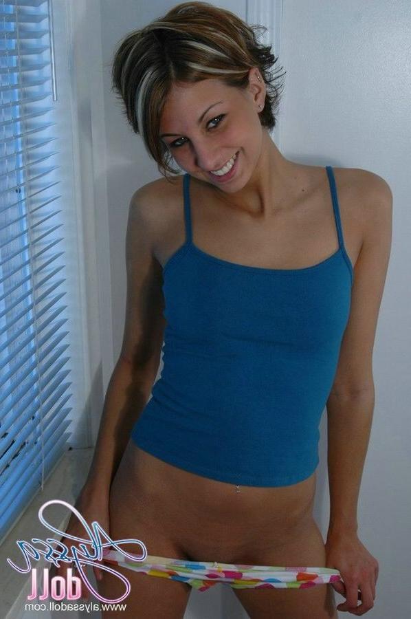15P Cute Alyssa posing in colorful panties and blue top