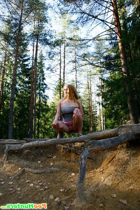 16P Lustful teen doll gets nude and pees on a quiet forest glade
