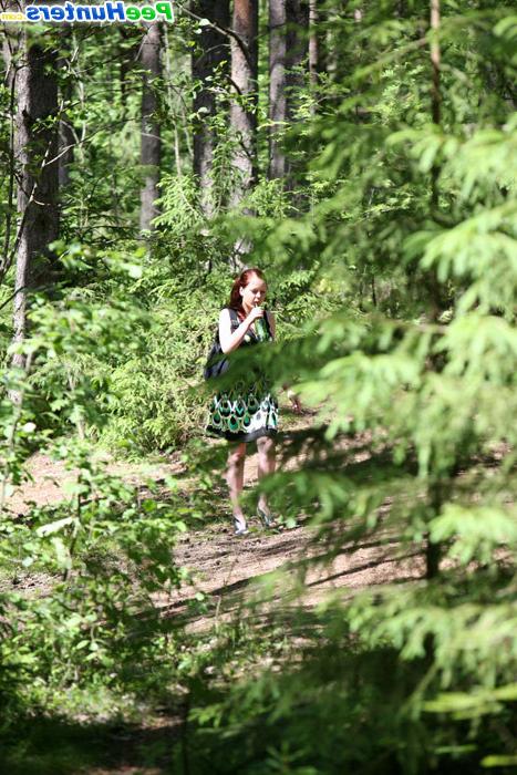 16P Girl takes off red panties and pees in the woods