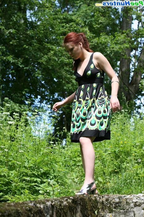 16P Girl takes off red panties and pees in the woods