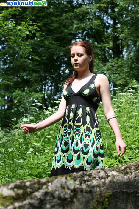 16P Girl takes off red panties and pees in the woods