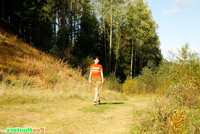 5P Cute tart walking down the hill squats down to pee