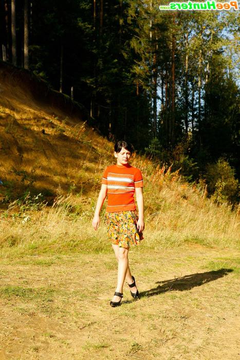 5P Cute tart walking down the hill squats down to pee