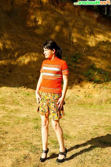 5P Cute tart walking down the hill squats down to pee