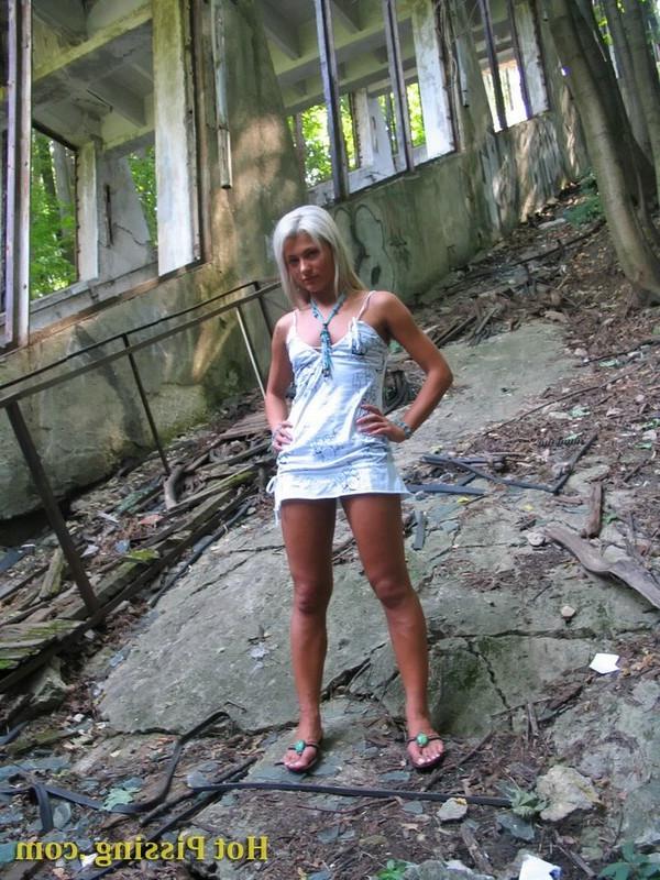 15P Beautiful blonde teenie with no panties takes a piss outdoors