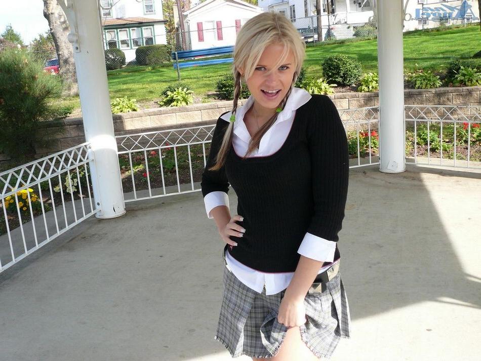 15P Anna Angel at the park teasing in a sexy schoolgirl outfit