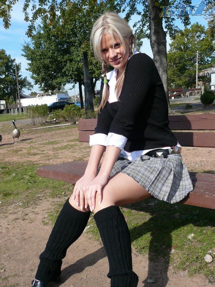 15P Anna Angel at the park teasing in a sexy schoolgirl outfit