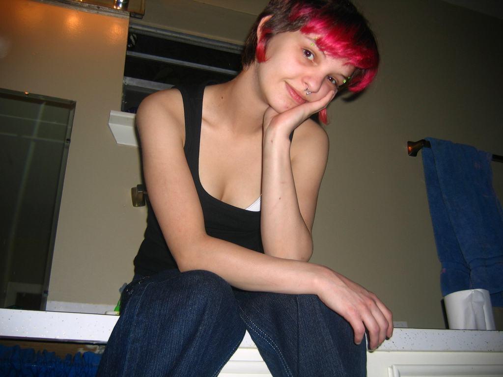 15P Pierced and pink haired teen GF shows pussy and fingers asshole