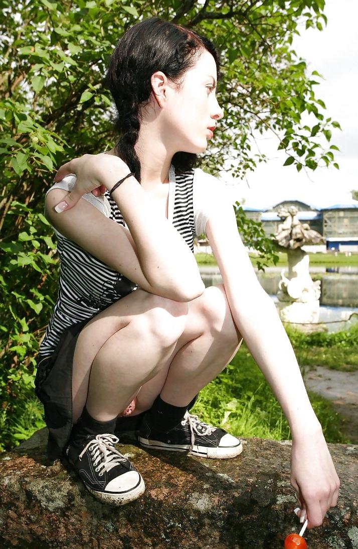 15P Skinny teen brunette upskirt
