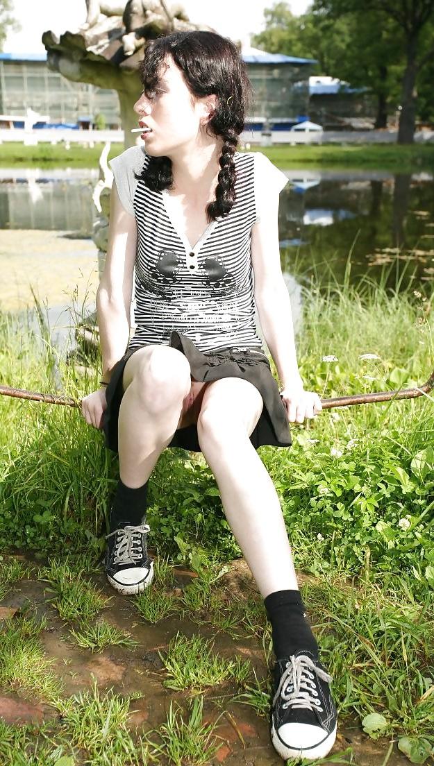 15P Skinny teen brunette upskirt
