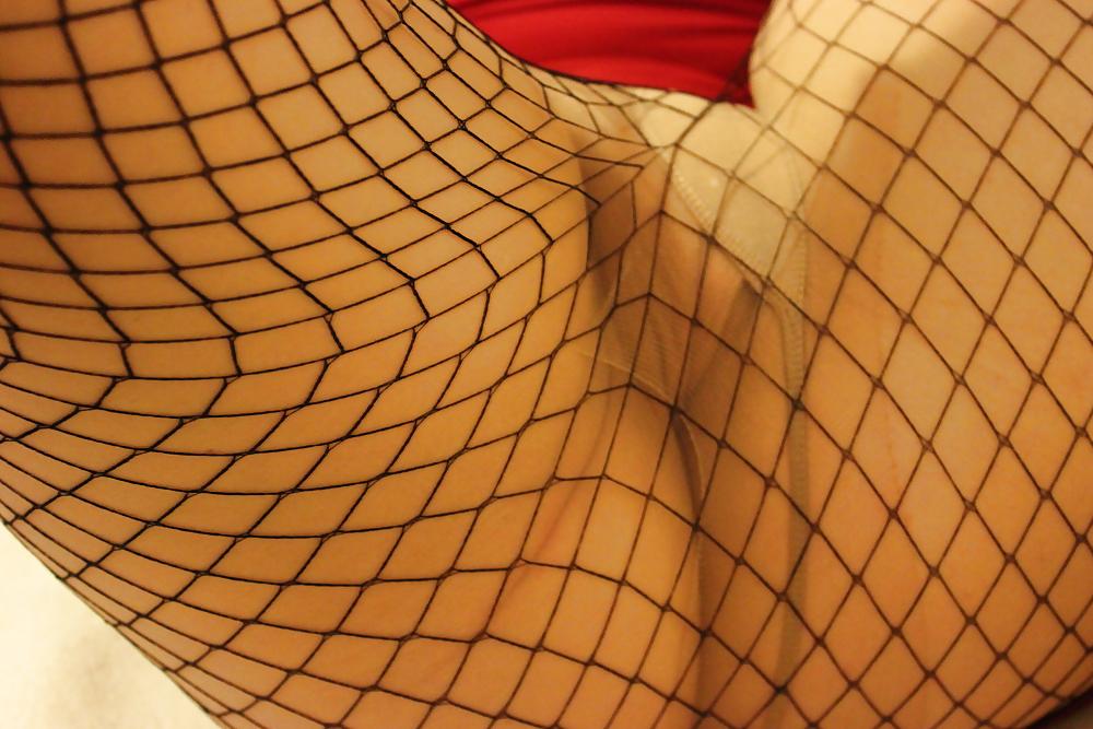 25P Milf in Red Dress and Fishnet Tights over sheer Pantyhose