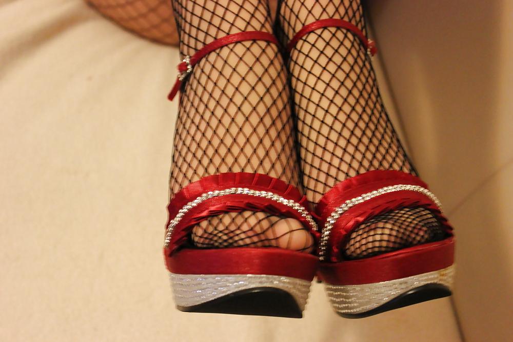 25P Milf in Red Dress and Fishnet Tights over sheer Pantyhose